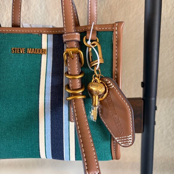 Steve Madden Green Stripe Canvas Tote Crossbody Bag Gold Hardware - Picture 3 of 7
